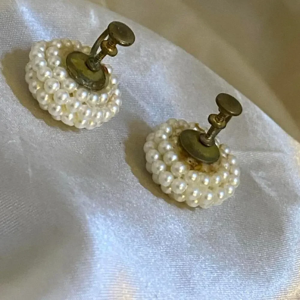 Vintage 1950s Pearl Cluster Earrings Screw Back Mid Century Bridal